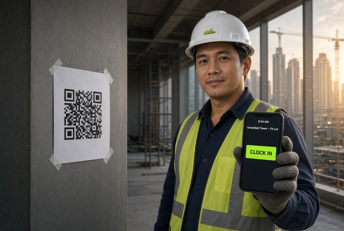 A worker in a hard hat and hi-vis vest on an unfinished floor of a tower, holding up his phone showing the ClockIN screen: 9:04 AM, Greenfield Tower - Fit-out, and a green CLOCK IN button. A printed QR poster is taped to the concrete column beside him.