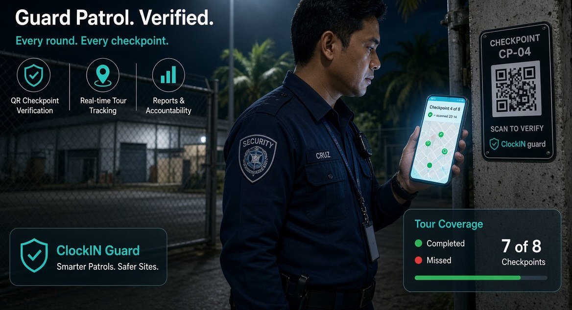 A security guard on a dark site at night holding his phone up to a checkpoint code fixed to a concrete post. The phone shows checkpoint 4 of 8, scanned at 22:14; a panel beside him reads Tour Coverage, 7 of 8 checkpoints.