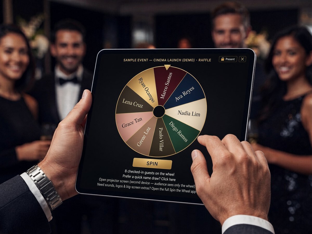 A host spinning a raffle wheel of checked-in guest names on a tablet