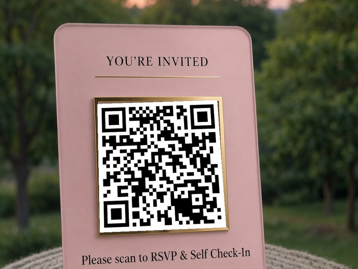 A pink table stand at an outdoor event with a QR code and the words Please scan to RSVP and Self Check-In