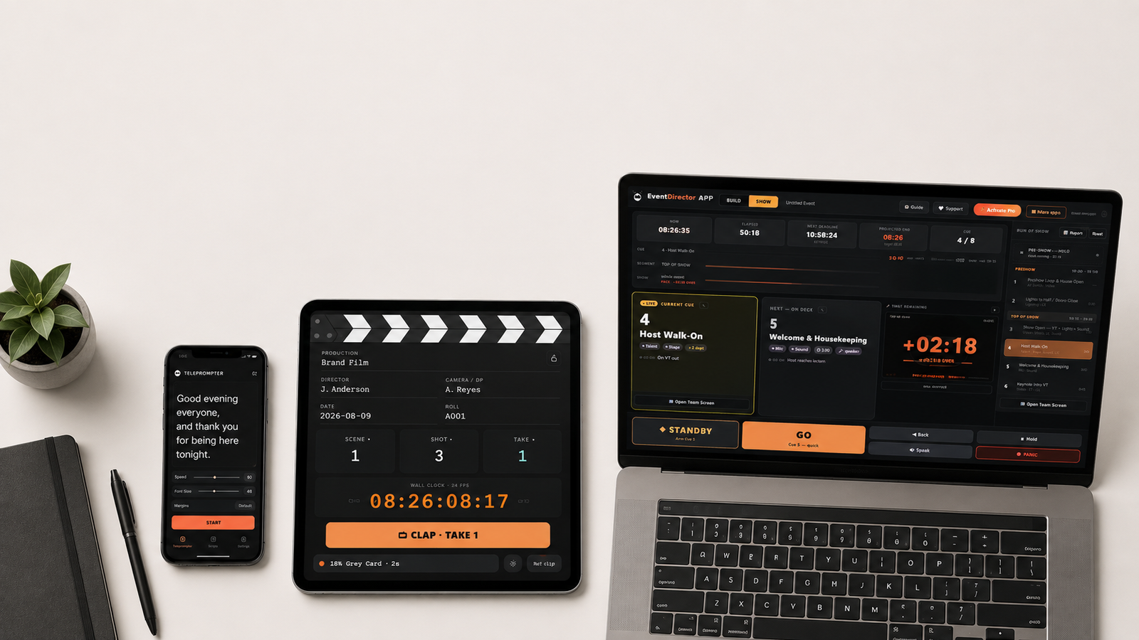 Strong Media apps &mdash; teleprompter on a phone, digital film slate on a tablet, and the EventDirector show-caller on a laptop