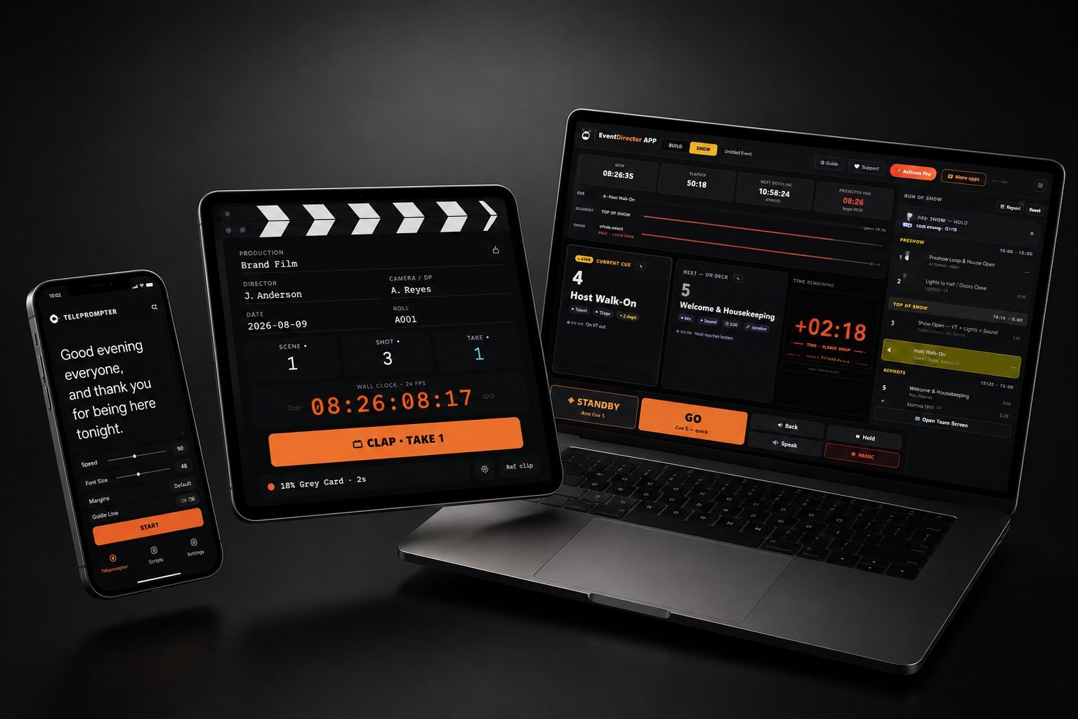 Strong Media apps on phone, tablet and laptop in a dark studio