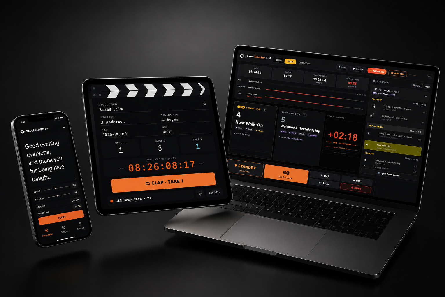 Strong Media apps on phone, tablet and laptop in a dark studio