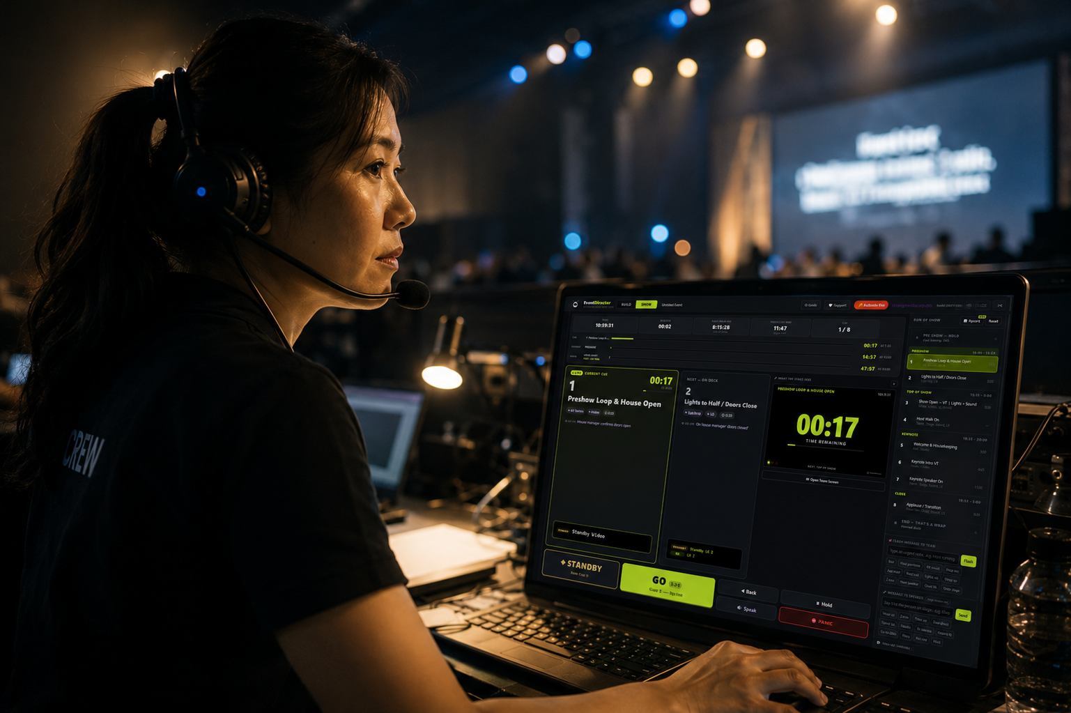EventDirector App running on a laptop as an operator calls a live show