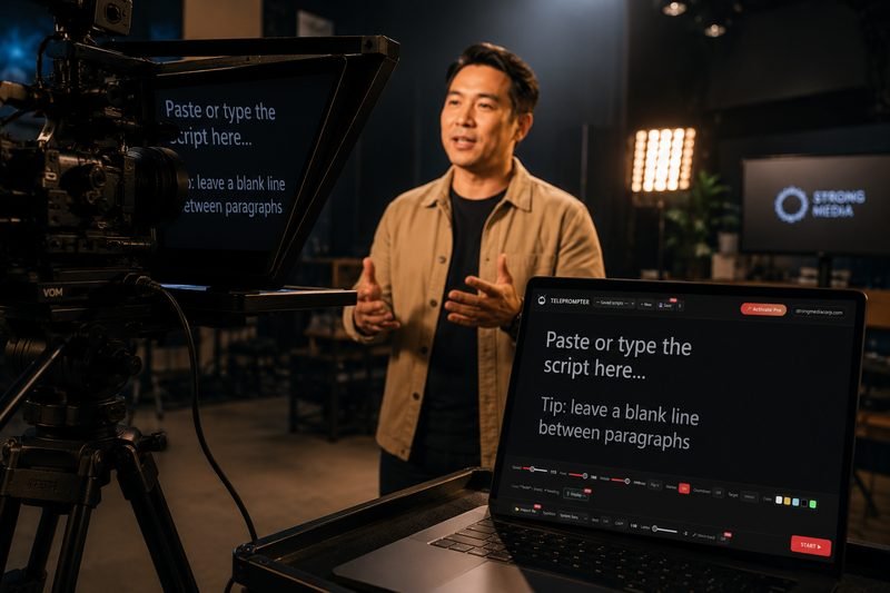 Teleprompter App running on a camera-mounted rig