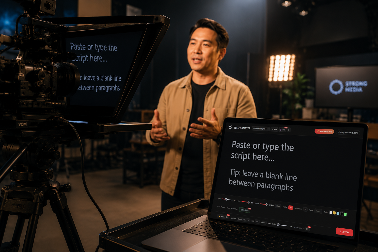 StrongPrompter teleprompter app running on a camera-mounted rig
